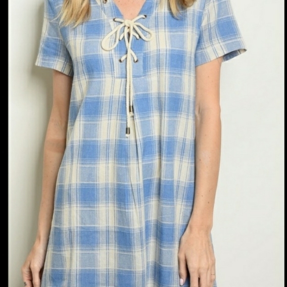 A Girl Thing Dresses & Skirts - Cream and Light Blue Plaid Lace Up Dress▪︎S